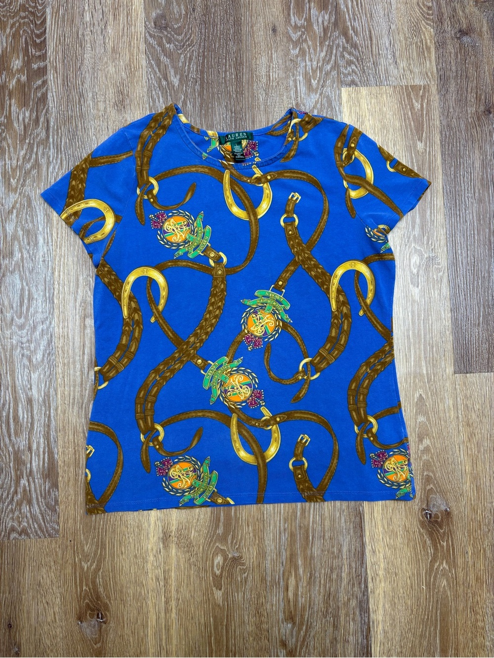 Ralph Lauren Royal Blue Tee with Gold Chain & Brown Saddle Print